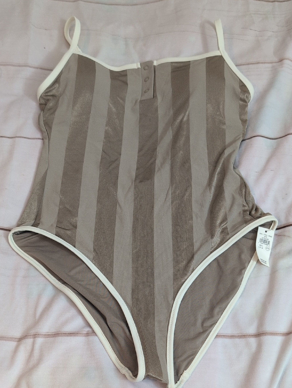 Womens Aerie size Large Tan Striped Shimmary One Piece Swimsuit